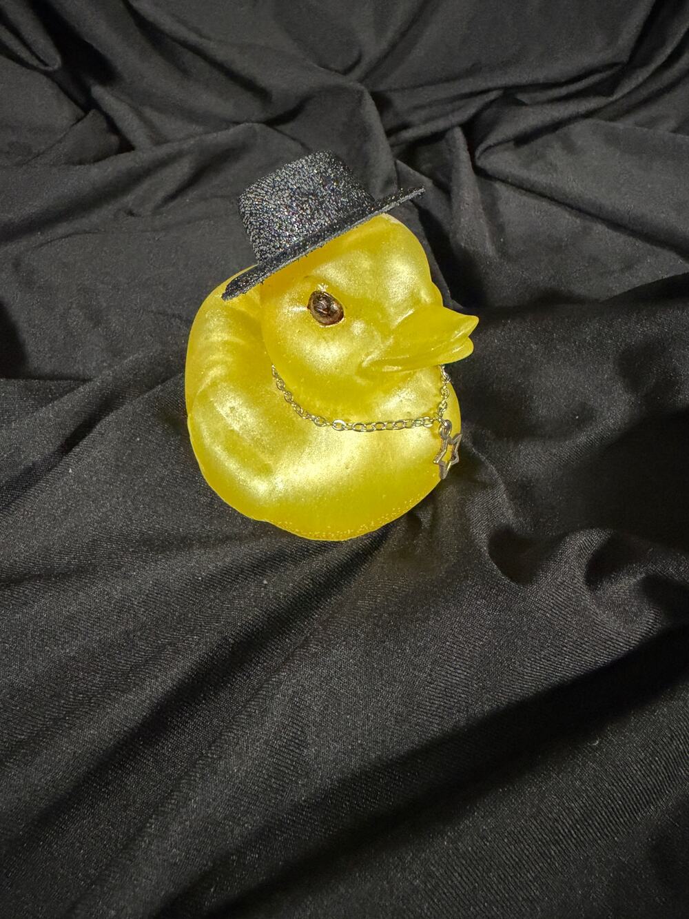 Dapper Yellow Resin Duck Figurine with Glitter Hat and Star Necklace